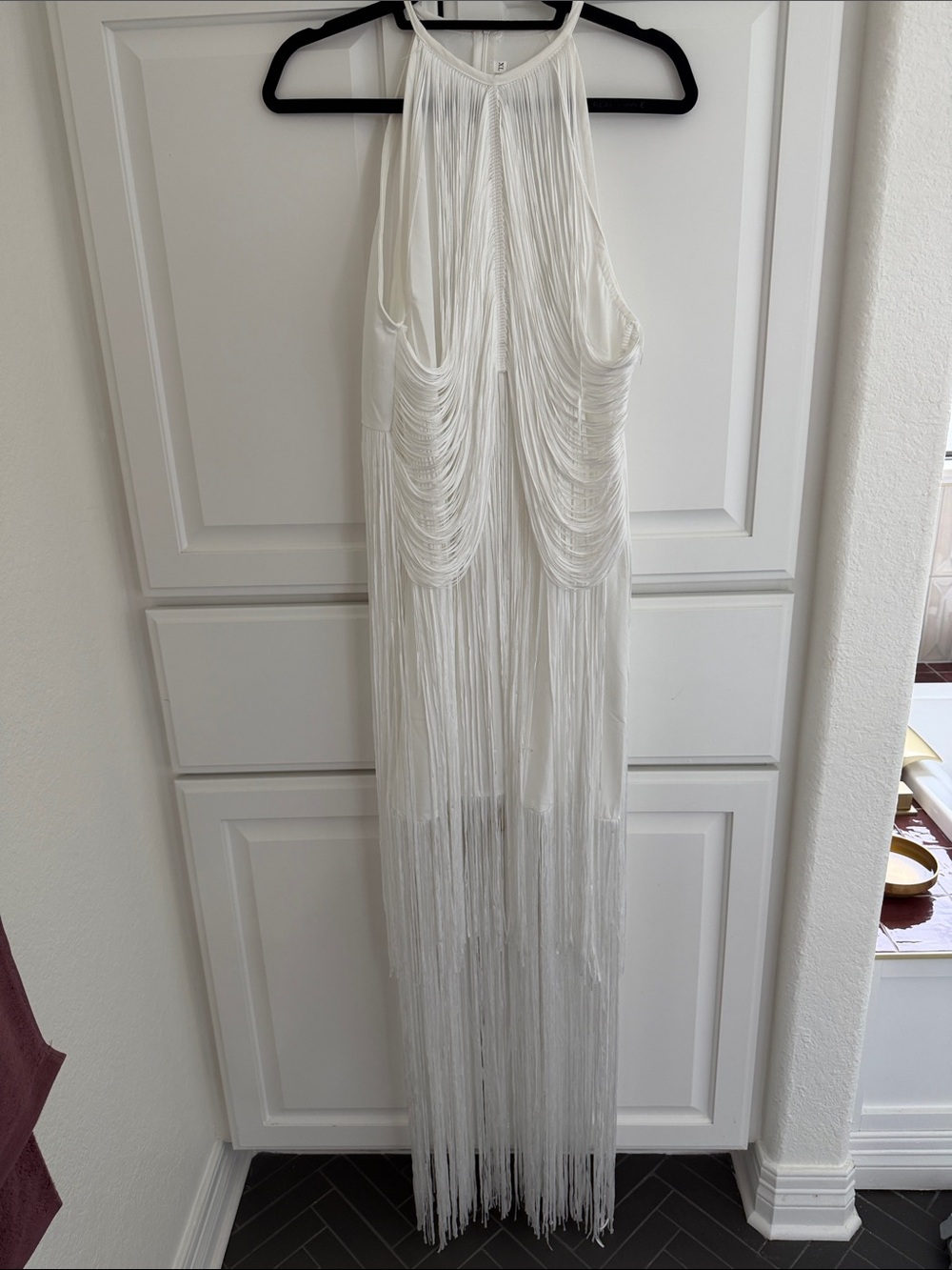 White Fringe Maxi Dress with Draped Detail